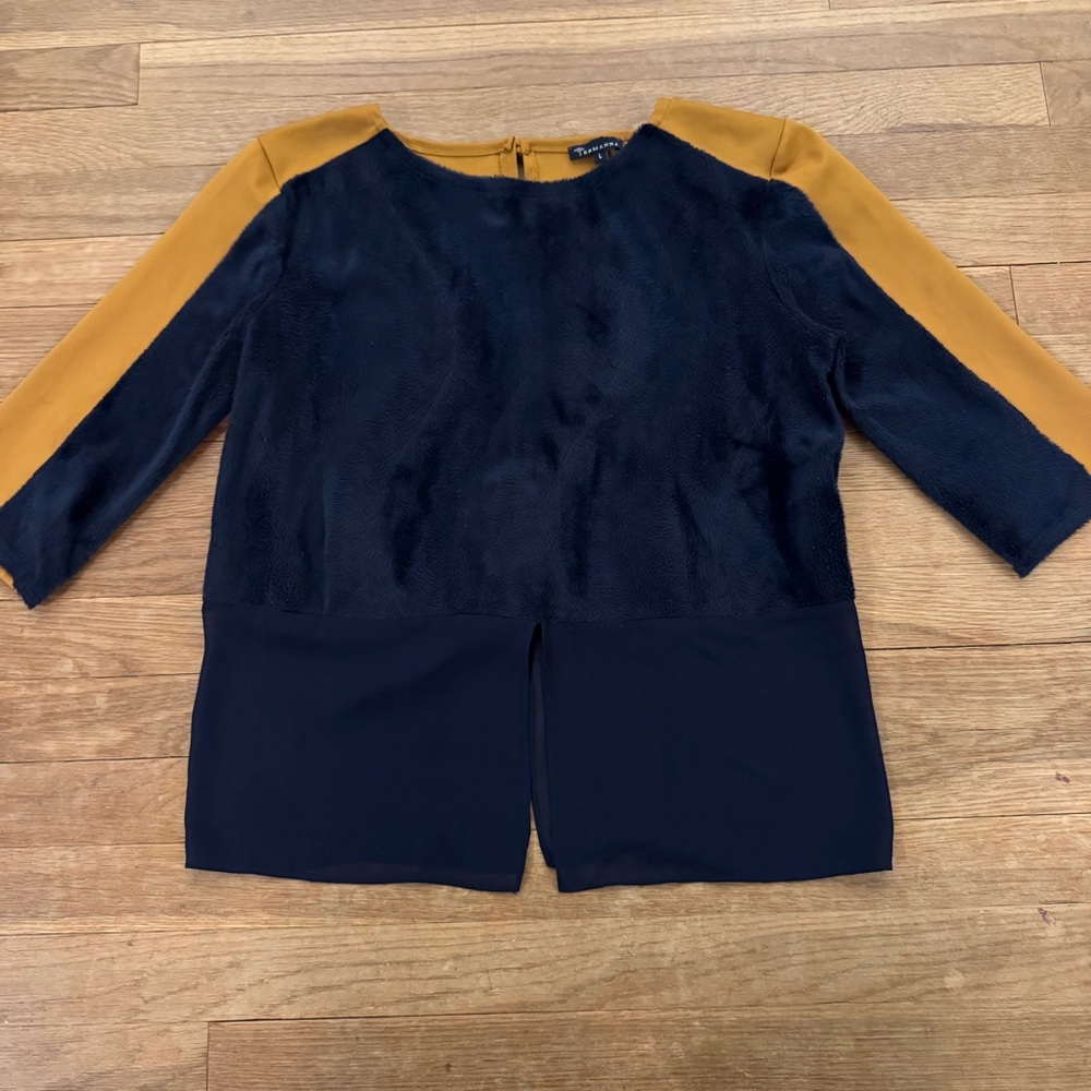 Ermanna blue gold fuzzy 3/4 sleeve blouse shirt top size large L
 b12